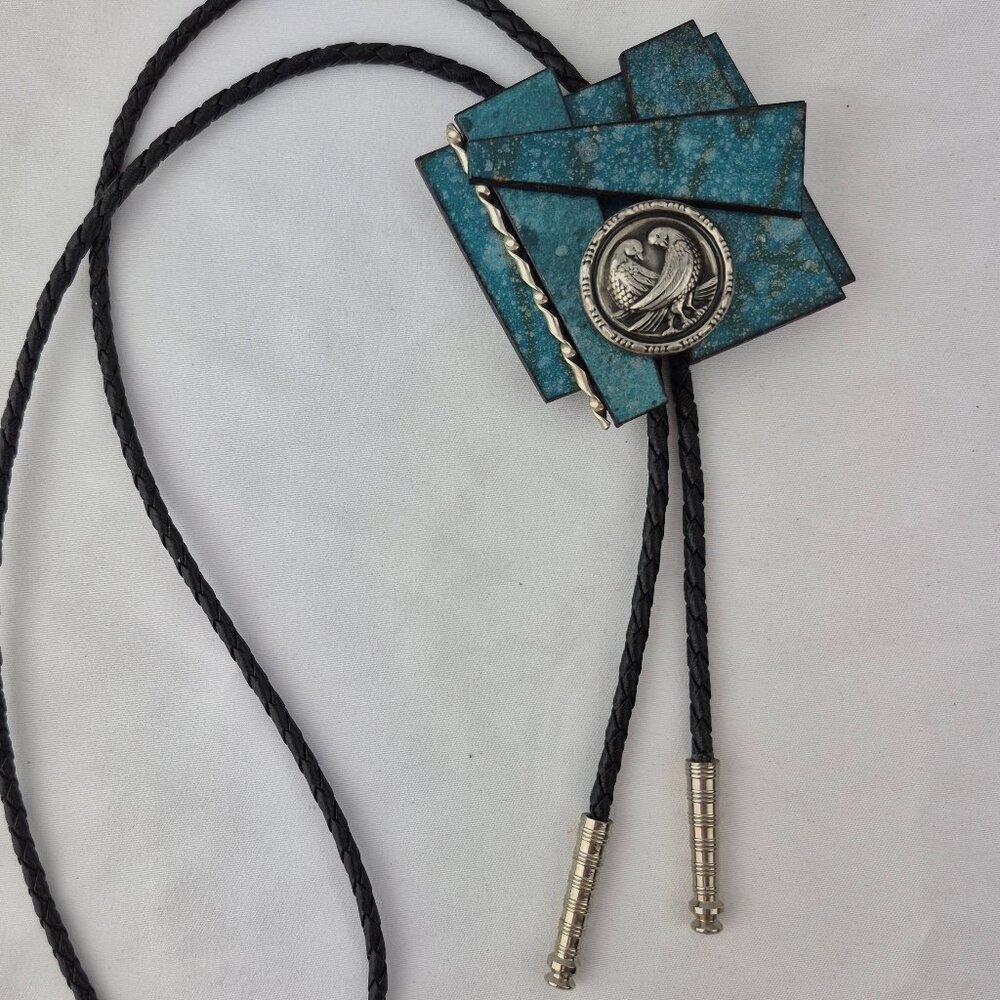 Handmade Geometric Shape Bolo Tie with Double Dove Bird Medallion